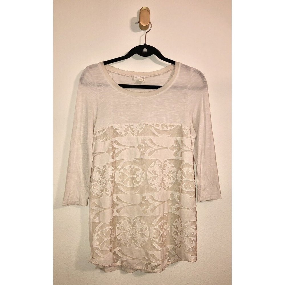 Meadow Rue Top Shirt Mesh Medallion Print 3/4 Sleeve Womens M Medium Ivory
